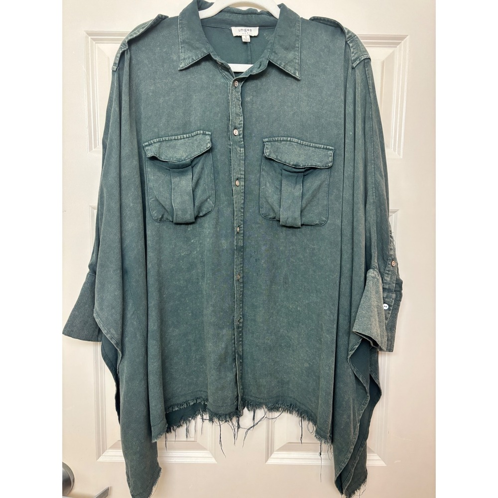 Umgee USA Mineral Wash Oversized Poncho Button Down Shirt Green Small Boho Fray